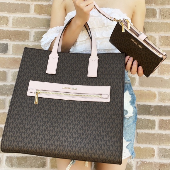 Michael Kors Kenly XL Tote Graphic Logo MK Pink + Double Zip Wristlet - Picture 2 of 10